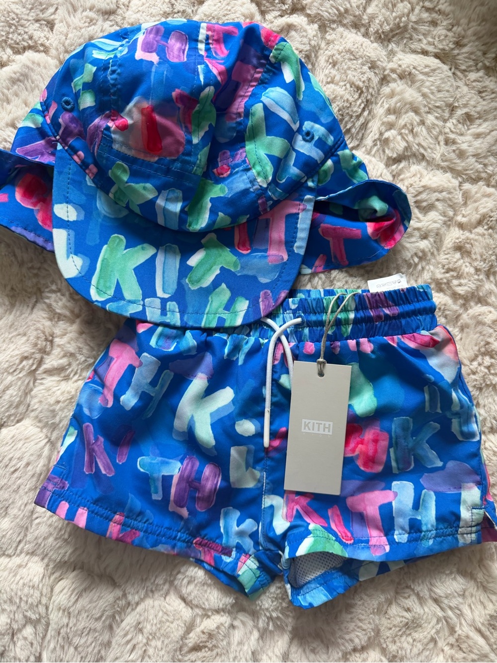 Kith Blue Multicolor Graffiti Logo Swim Set Bucket Hat & Drawstring Shorts
